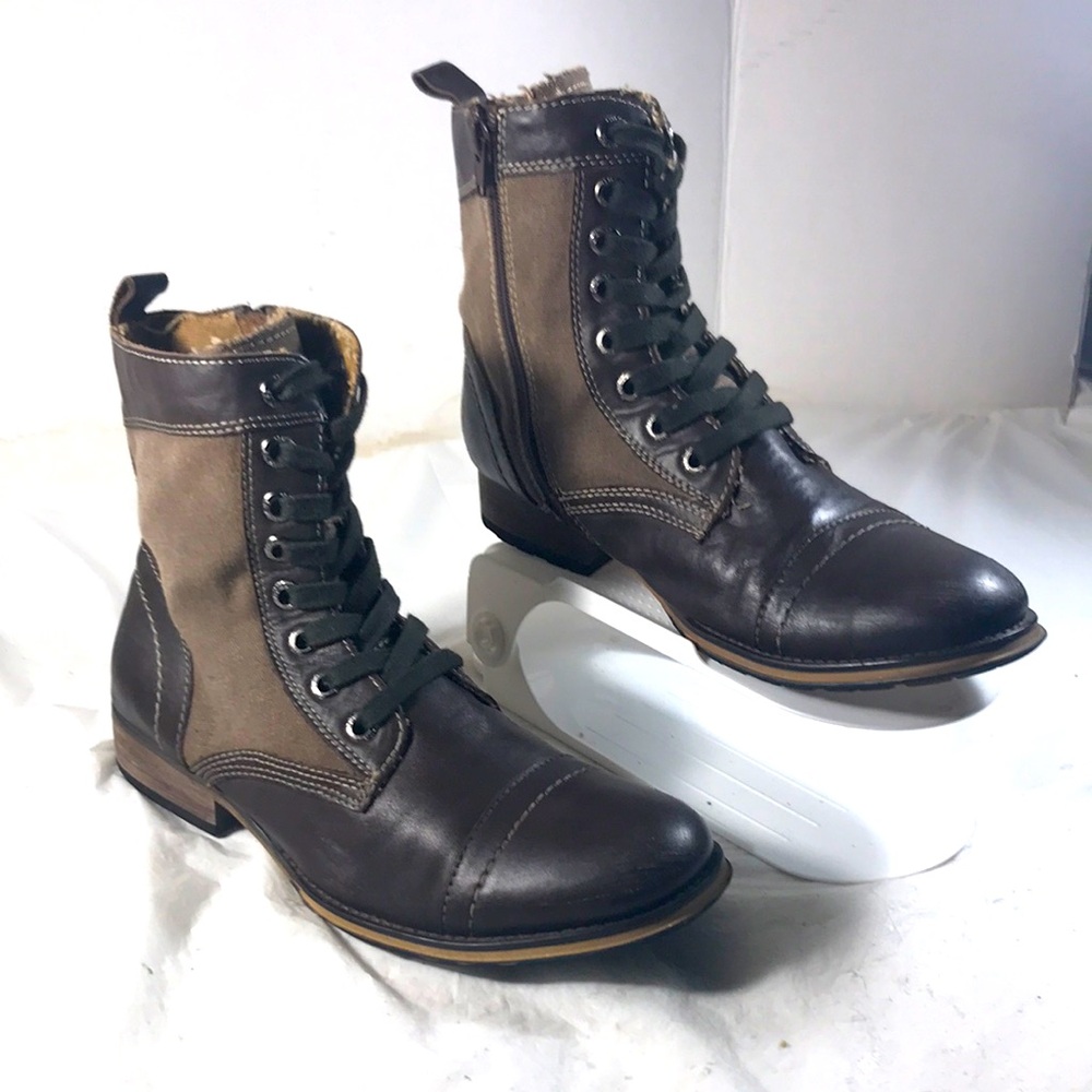 Guess Alfred Men's Brown Leather and Canvas Lace Up Combat Ankle Boots